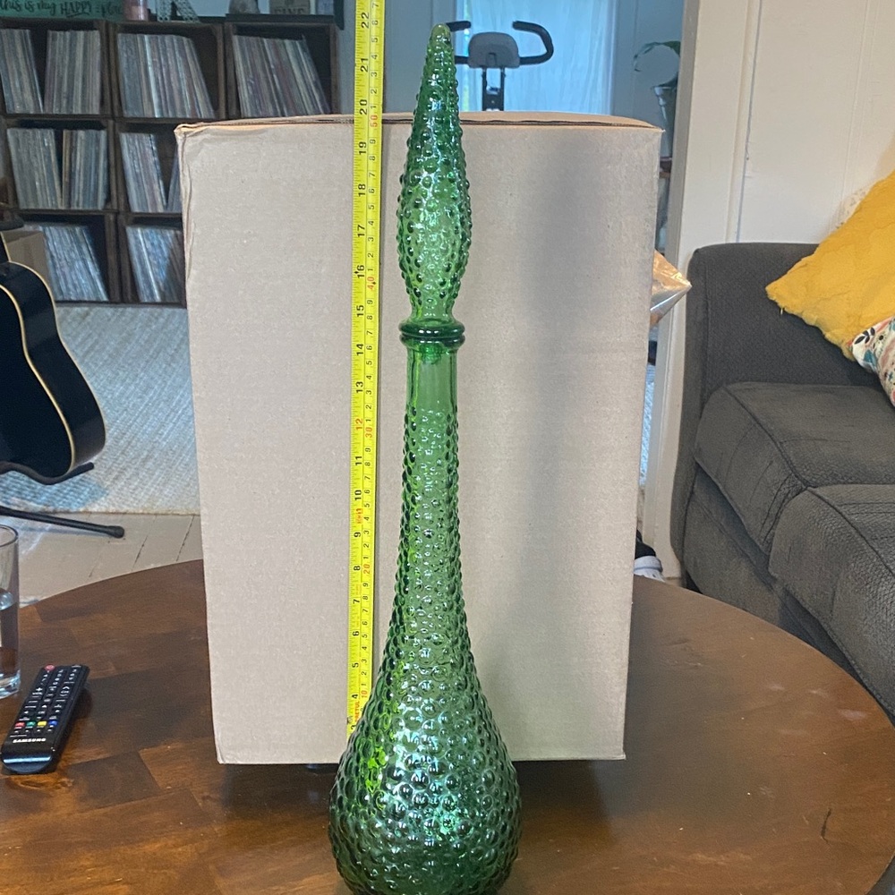 Green Hobnail Glass Decanter